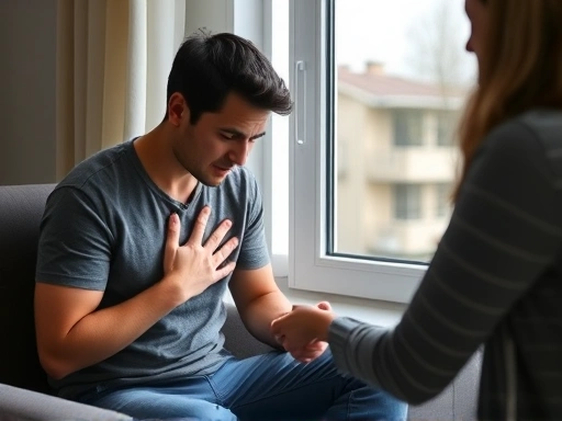 창가에 앉아 불안한 표정으로 가슴에 손을 얹고 숨쉬기 힘들어하는 한 사람과, 그 옆에서 침착하게 손을 잡고 안심시키는 다른 사람의 모습