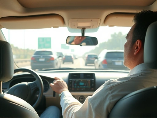 막히는 도로 위에서 운전자가 심호흡을 하며 차분하게 명상 음악을 듣고 있는 모습