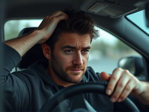 운전자가 차가 완전히 정지한 상태에서 핸들을 잡고 고개와 어깨를 부드럽게 스트레칭하는 클로즈업 장면