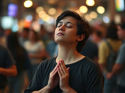 A person calmly practicing deep breathing in a chaotic, blurred environment, emphasizing inner peace amidst stress, for blog post on stress survival, showcasing effective stress management.