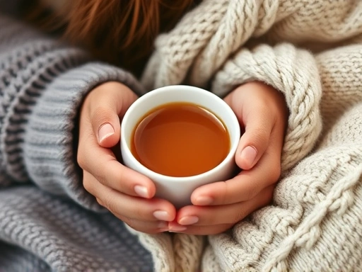 A detailed close-up of hands holding a warm cup of tea and a soft blanket, symbolizing comfort and a moment of peace in extreme stress management, illustrating self-care for mental health.