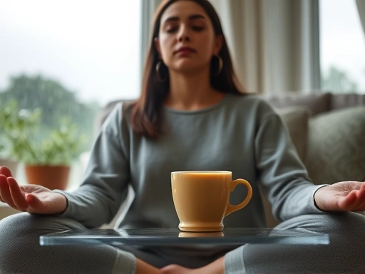 창밖으로 비가 내리는 흐린 날, 편안한 실내에서 따뜻한 차를 마시며 명상하는 사람의 모습