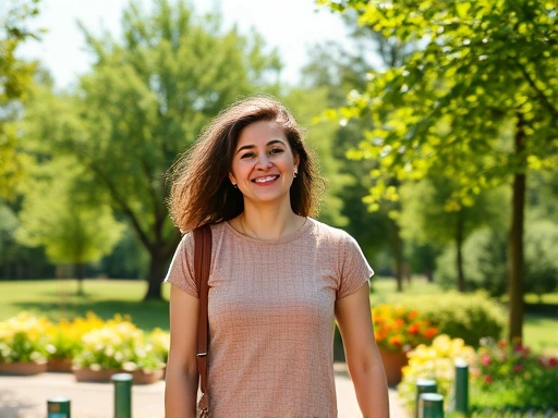 화창한 날 야외에서 햇볕을 쬐며 밝은 표정으로 산책하는 사람의 모습