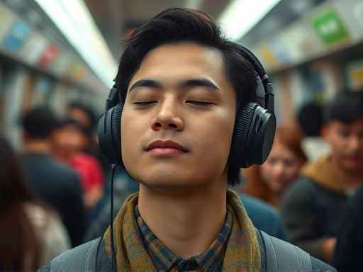 붐비는 지하철 안에서 노이즈 캔슬링 헤드폰을 착용하고 편안하게 눈을 감고 있는 사람의 모습