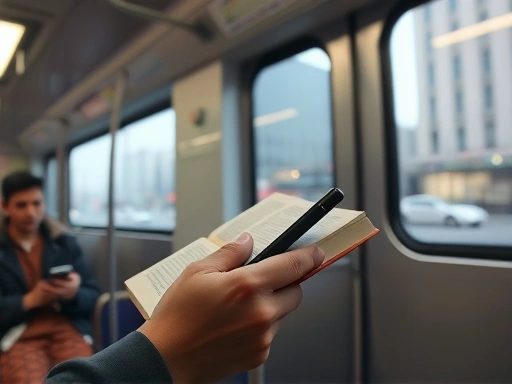 스마트폰 대신 책을 읽고 있는 사람의 손 클로즈업, 창밖으로 빠르게 지나가는 도시 풍경이 흐릿하게 보이는 대중교통 내부, 평화롭고 집중된 분위기