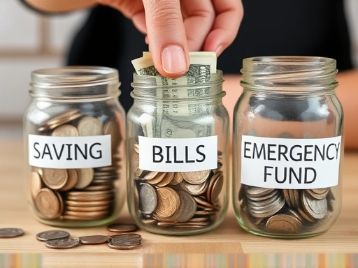동전과 지폐를 '저축', '청구서', '비상금'으로 라벨링된 유리병에 손으로 직접 정리하는 클로즈업 사진.