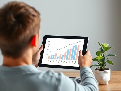 개인이 태블릿에서 명확한 재정 그래프를 보며 안도감을 느끼는 차분한 장면
