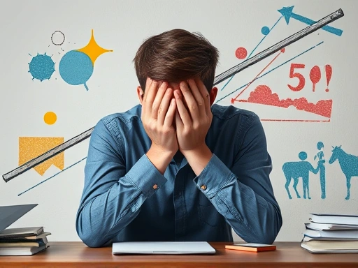 한 젊은 성인이 지친 표정으로 책상에 앉아 손으로 얼굴을 감싸고 있는 모습