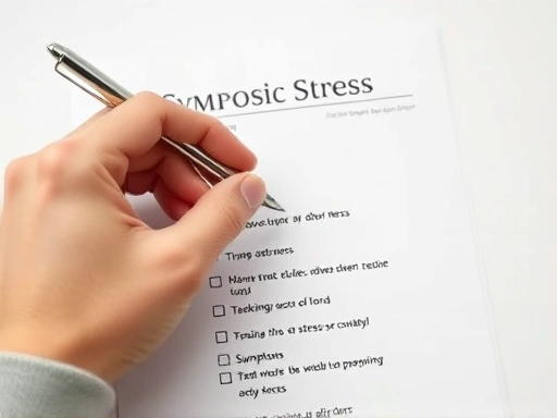 클로즈업된 손이 종이 체크리스트에 펜으로 표시하며 만성 스트레스 증상을 자가 진단하고 있는 모습