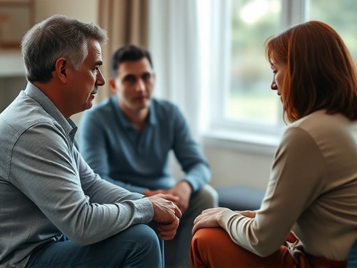 성인 자녀가 부모님과 마주 앉아 진지하게 대화하는 모습