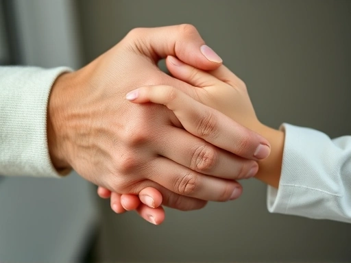 두 손이 서로 마주 잡고 있는 클로즈업.