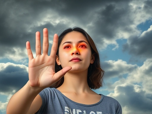 젊은 여성이 머리 위를 맴도는 어두운 구름을 보고 있지만, 손으로 'STOP' 신호를 보내며 햇살이 비치는 모습