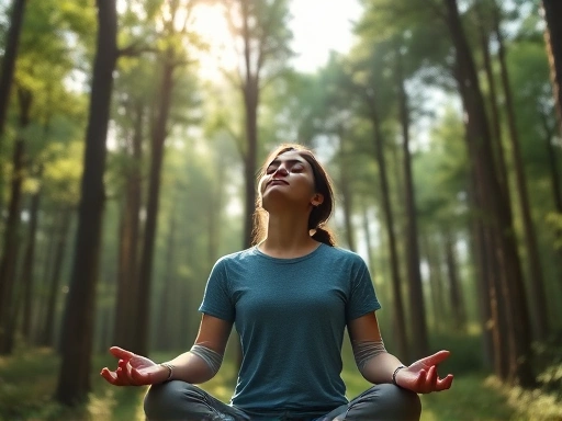 숲 속에서 차분하게 심호흡을 하며 불안을 진정시키는 사람의 모습
