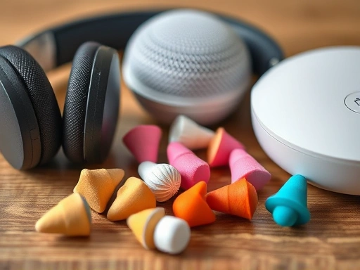 나무 테이블 위에 정돈된 노이즈 캔슬링 헤드폰, 다양한 색상과 재질의 이어플러그, 그리고 백색 소음 기계가 클로즈업된 모습