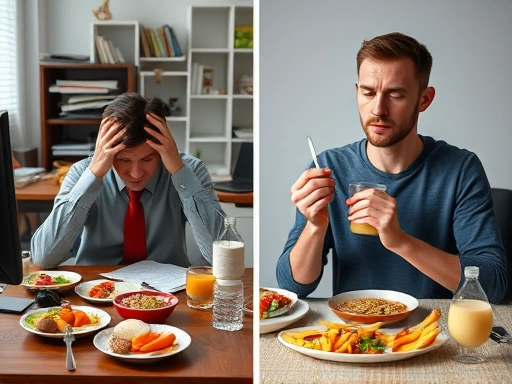 어지러운 책상에서 스트레스받는 사람과, 음식을 앞에 두고 명상하며 천천히 식사하는 사람의 대비되는 모습
