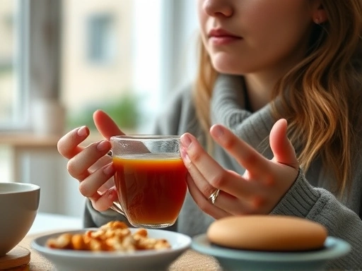 따뜻한 차 한 잔과 함께 편안하게 심호흡하는 사람의 클로즈업 손과 얼굴, 테이블 위에는 건강한 간식들이 놓여있고, 배경에는 평화로운 실내 풍경이 흐릿하게 보인다.