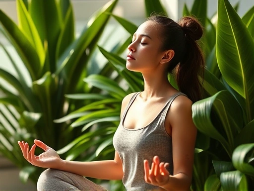 여성이 편안한 자세로 앉아 눈을 감고 명상하며, 주변에는 초록색 식물이 놓여 있고 부드러운 햇살이 비치는 모습
