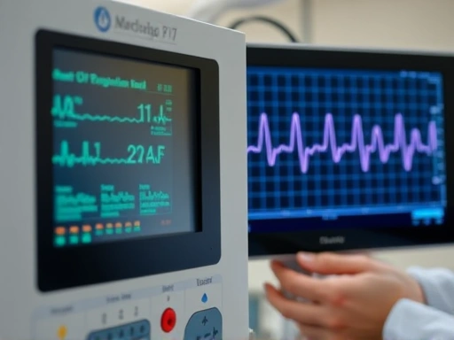 심전도 검사 장비가 클로즈업되어 있고, 모니터에는 심박수 그래프가 표시되어 있으며, 의료진의 손이 살짝 보이는 장면