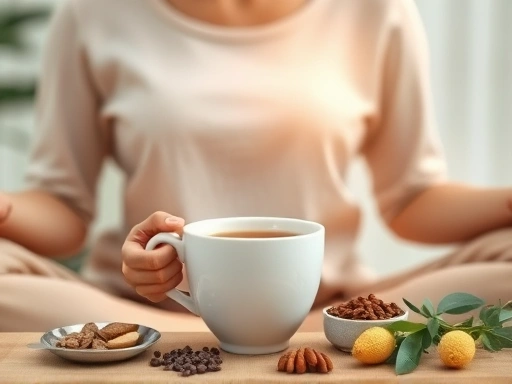 따뜻한 허브차 한 잔과 함께 편안하게 명상하는 사람의 클로즈업.