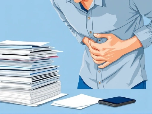 바쁜 일상 속 스트레스로 인한 위염 증상에 시달리는 사람이 위를 부여잡고 괴로워하는 장면