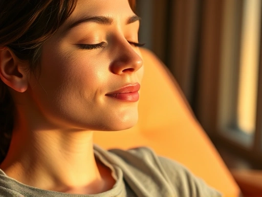 따뜻한 색감의 조명 아래 편안한 자세로 깊은 호흡을 하고 있는 사람의 클로즈업, 차분한 표정으로 스트레스 해소를 위한 명상 또는 호흡 훈련에 집중하는 모습