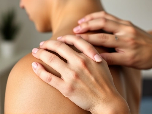 Close-up of hands applying light pressure to a tense shoulder muscle, possibly with a massage ball or foam roller, demonstrating self-myofascial release for stress muscle tension relief, showing focus...