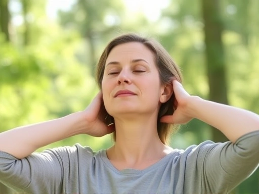 A person gently stretching their neck and shoulders, surrounded by a calming, natural environment, illustrating stress muscle tension relief methods with a serene expression.
