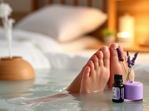 따뜻한 물에 발을 담그고 심호흡을 하는 클로즈업 된 발과 손의 모습