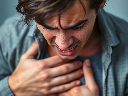 A close-up of a person experiencing acute physical distress, possibly clutching their chest or struggling to breathe, with a look of extreme anxiety and pain, highlighting severe stress symptoms that...