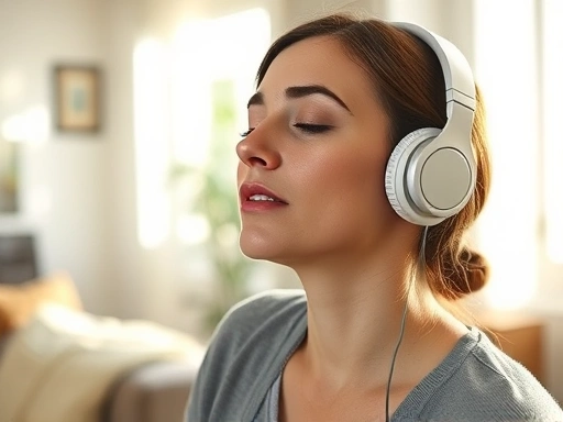 따뜻한 햇살이 드는 아늑한 거실에서 한 여성이 눈을 감고 헤드폰을 착용한 채 평화롭게 음악을 감상하며 스트레스를 해소하고 있는 장면