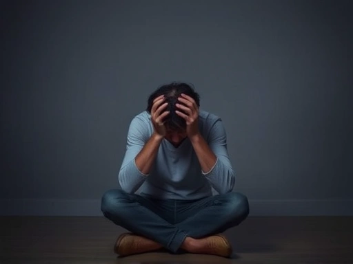 A person sitting alone in a dim room, looking distressed and overwhelmed, with their head in their hands, conveying deep emotional stress and indecision about seeking help for severe symptoms.