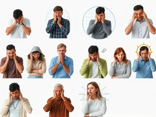 다양한 스트레스 증상을 나타내는 사람들이 각기 다른 방식으로 불편함을 겪고 있는 모습
