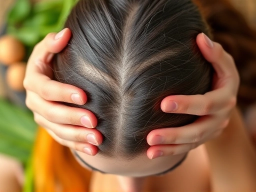 개인의 손이 두피를 부드럽게 마사지하거나, 모발에 좋은 영양소가 풍부한 신선한 음식들을 클로즈업하여 보여주는 이미지