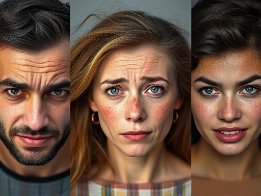 다양한 연령대의 사람들이 스트레스로 인해 이마, 턱, 뺨에 나타나는 붉은 여드름과 트러블로 고민하는 모습