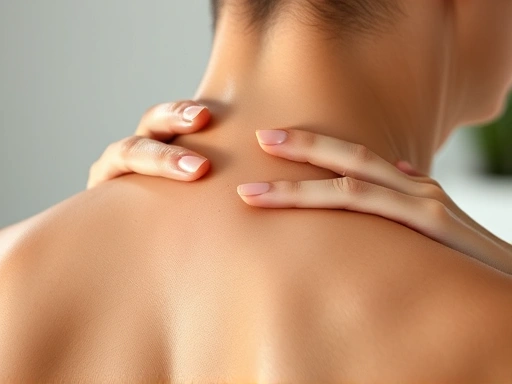 근접 촬영으로, 한 사람이 손으로 목과 어깨 근육을 지압하며 뭉친 부분을 풀어주는 모습