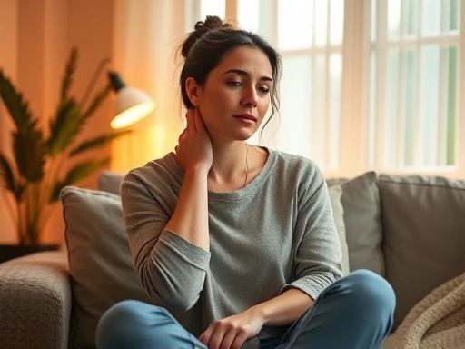 아늑한 공간에서 한 여성이 편안하게 앉아 목과 어깨를 스스로 마사지하며 스트레스를 해소하는 모습