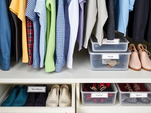 깔끔하게 정리된 서랍 안의 수직 수납된 옷가지와 라벨이 붙은 정리함들이 클로즈업된 모습