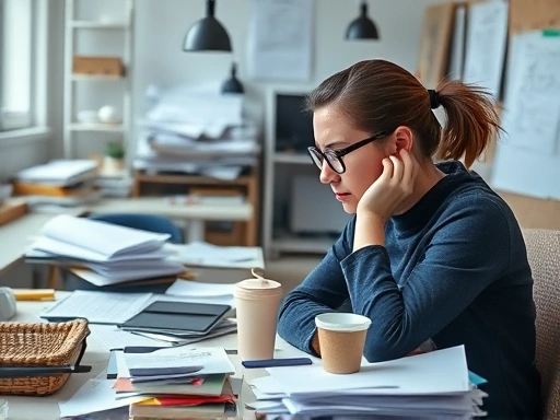 어지러운 책상과 서류 더미 사이에서 한 여성이 이마를 짚고 스트레스를 받는 모습