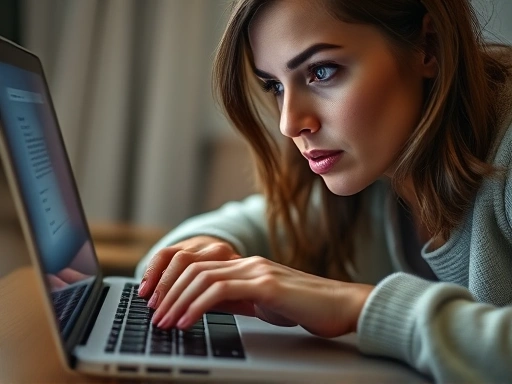 근접 촬영으로, 한 여성이 노트북 화면을 응시하며 '시댁 스트레스 해결 방법'이라는 검색어를 입력하고 있다.