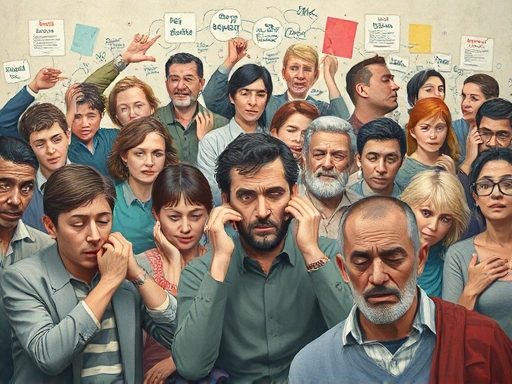 다양한 연령대의 사람들이 각자의 스트레스 요인에 직면하여 고뇌하는 모습