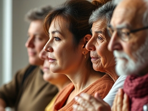 세대별 스트레스 해소를 위한 활동을 하는 사람들, 예를 들어 젊은 세대는 명상, 중장년층은 운동, 노년층은 사회 활동에 참여하는 모습
