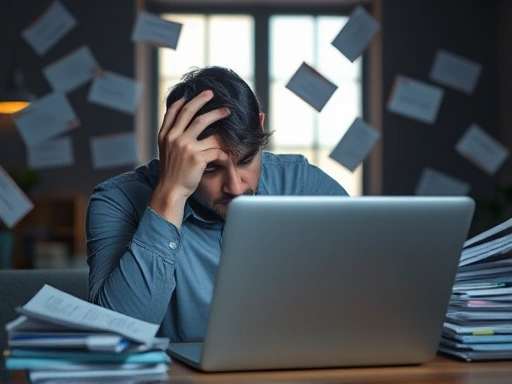 개인이 노트북 앞에서 머리를 감싸 쥐고 스트레스 받는 모습