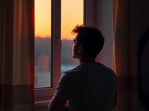 한 남자가 창밖을 바라보며 사색에 잠긴 모습