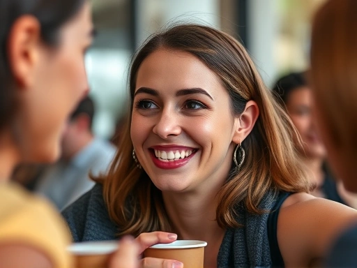 따뜻한 미소를 띠고 친구들과 커피를 마시며 즐겁게 대화하는 여성의 클로즈업, 사회적 연결의 중요성을 강조하고 외로움을 극복하는 모습