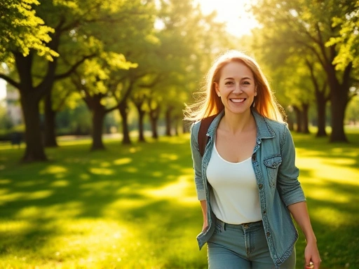 따뜻한 햇살이 내리쬐는 푸른 공원에서 한 여성이 활짝 웃으며 가볍게 산책하고 있는 모습
