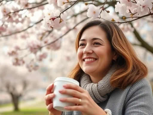 아름다운 벚꽃 나무 아래서 커피를 마시며 여유롭게 미소 짓는 육아맘, 주변에 아이들은 없고 혼자만의 시간을 즐기는 모습