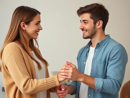 두 손을 맞잡고 서로의 눈을 바라보며 깊은 대화를 나누는 젊은 부부의 클로즈업 사진.