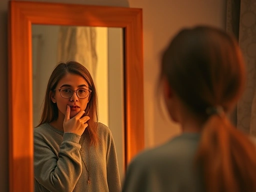 자존감 낮은 사람이 거울을 보며 스스로를 격려하는 모습