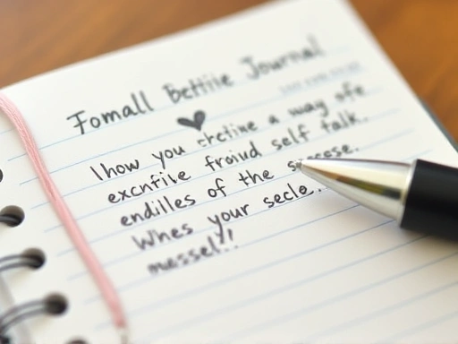 손으로 쓴 일기장 클로즈업, 감사 일기나 긍정적인 자기 대화가 적혀있고, 펜과 함께 작은 성공을 기록하는 디테일이 돋보이는 이미지