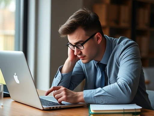 직장 내 괴롭힘으로 고통받는 사람이 단호하게 대처 방법을 찾기 위해 노트북을 바라보며 결심하는 장면